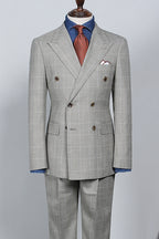 Classy Gray Plaid Peaked Lapel Double Breasted Suits For Men