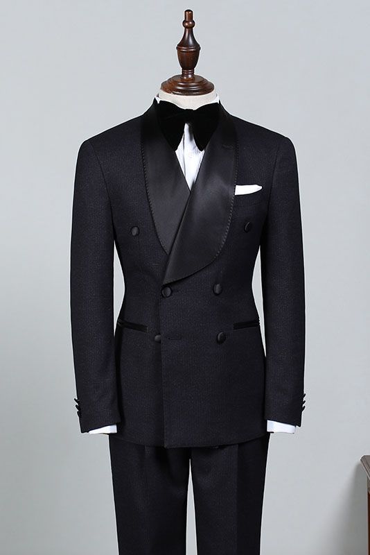 Black Double Breasted Satin Shawl Lapel Men Suits