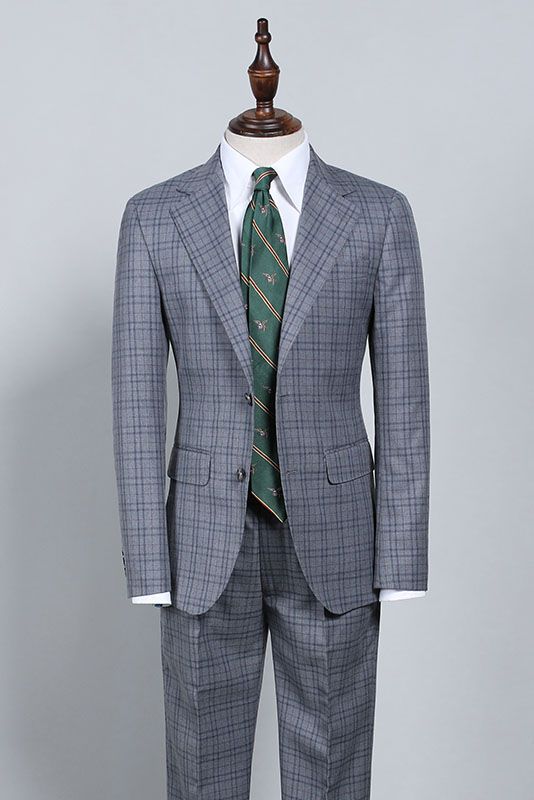 Trendy Gray Plaid Notched Lapel Best Fitted Men Suits