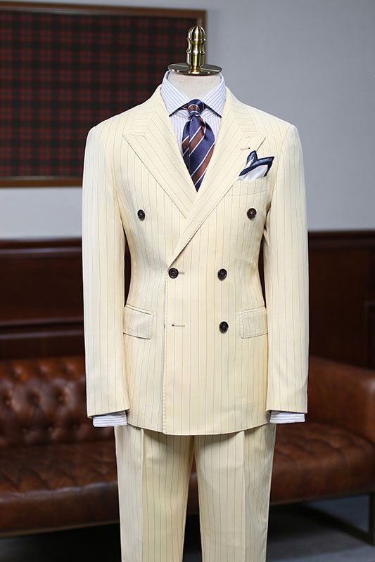 Cream White Peaked Lapel Striped Double Breasted Men Suits