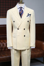 Cream White Peaked Lapel Striped Double Breasted Men Suits