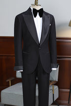Elegant Black One Button Peaked Lapel Men Suits
