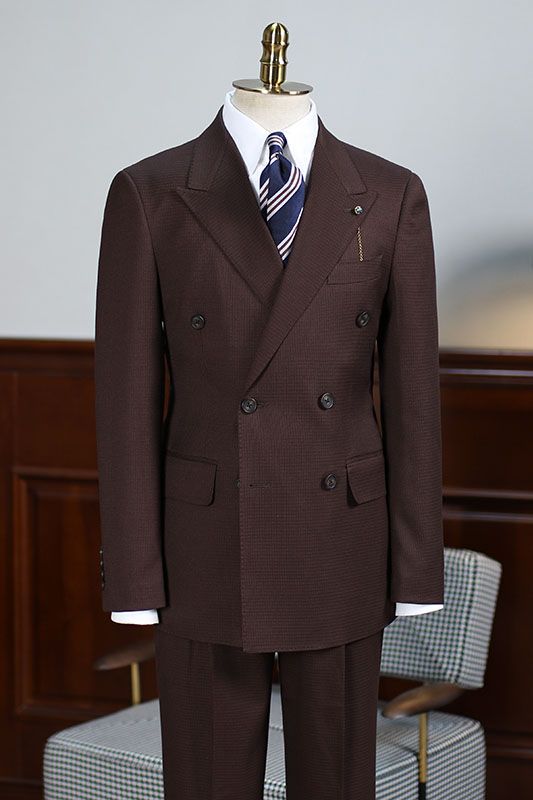 Dark Chocolate Brown Plaid Double Breasted Peaked Lapel Men Suits