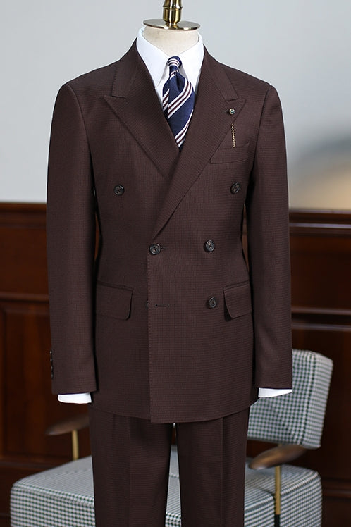 Dark Chocolate Brown Plaid Double Breasted Peaked Lapel Men Suits