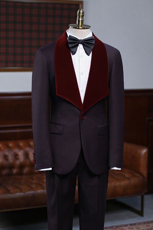 Deep Eggplant Purple One Button Burgundy Velvet Shawl Lapel Men Suits Main image
