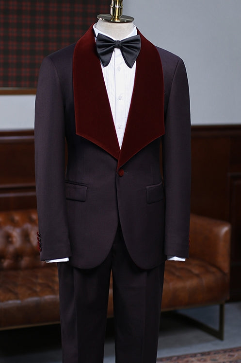 Deep Eggplant Purple One Button Burgundy Velvet Shawl Lapel Men Suits Secondary image