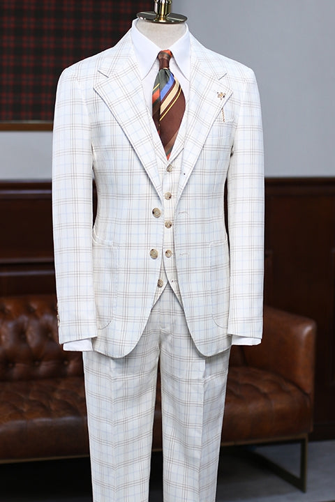 Ivory White Notched Lapel 3 Piece Plaid Men Suits