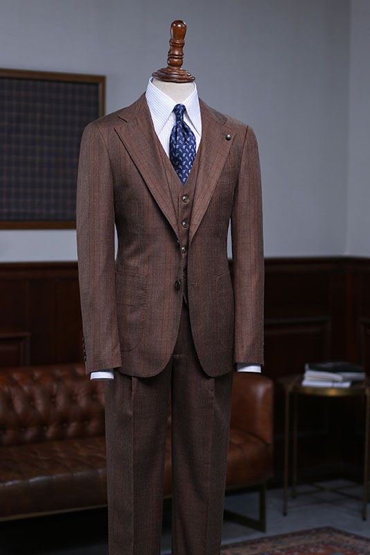 Brown Newest Notched Lapel 3 Piece Plaid Men Suits