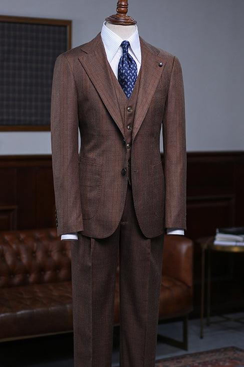 Brown Newest Notched Lapel 3 Piece Plaid Men Suits