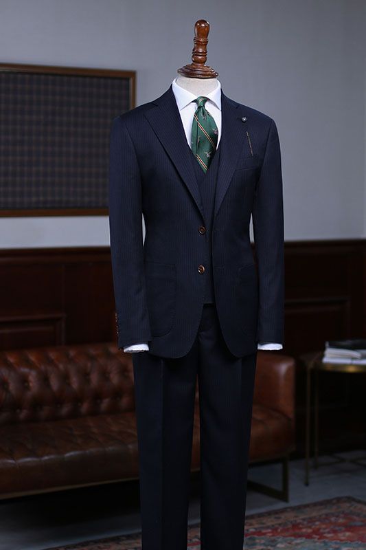Best Fitted Dark Navy Blue Notched Lapel 3 Piece Striped Men Suits Main image