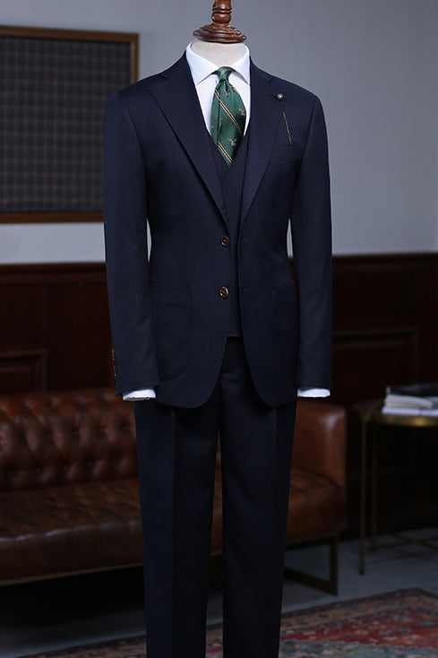 Best Fitted Dark Navy Blue Notched Lapel 3 Piece Striped Men Suits Secondary image