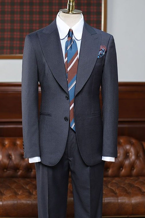 Fancy Dark Gray Striped Peaked Lapel Stylish Men Suits Secondary image