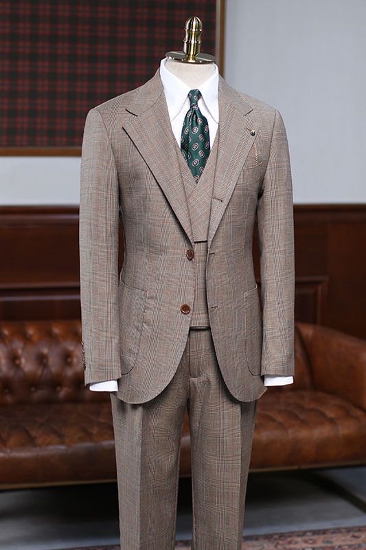 Bespoke Light Brown Notched Lapel 3 Piece Plaid Men Suits Main image