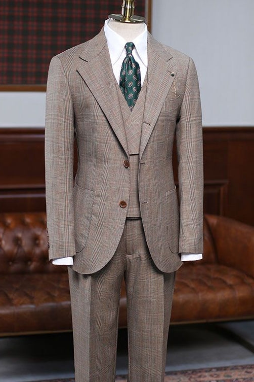 Bespoke Light Brown Notched Lapel 3 Piece Plaid Men Suits Secondary image