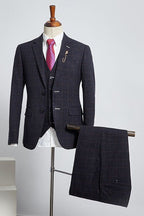 Dark Gray Notched Lapel Plaid 3 Piece Men Suits