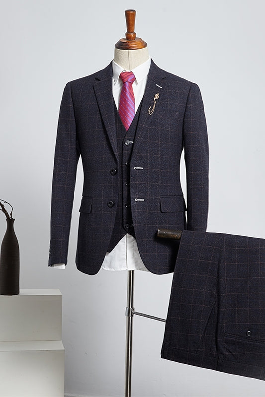 Dark Gray Notched Lapel Plaid 3 Piece Men Suits