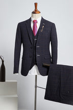 Dark Gray Notched Lapel Plaid 3 Piece Men Suits