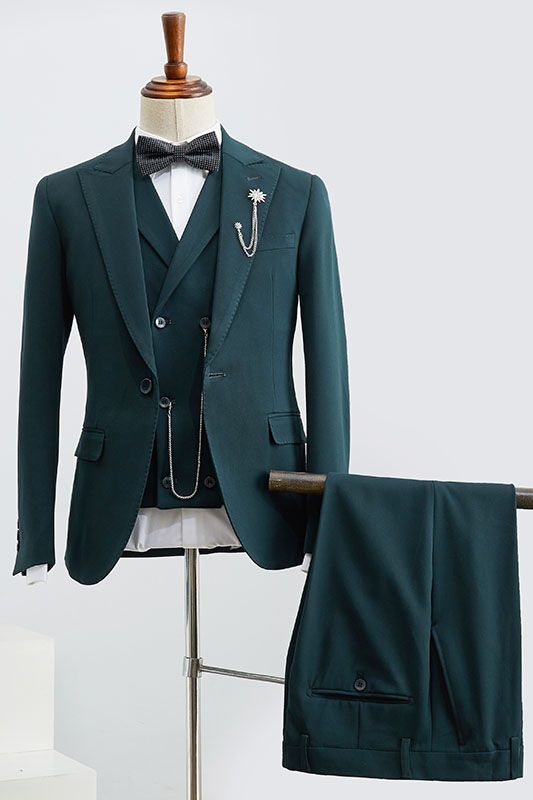 New Arrival Dark Green Peaked Lapel 3 Piece Men Suits