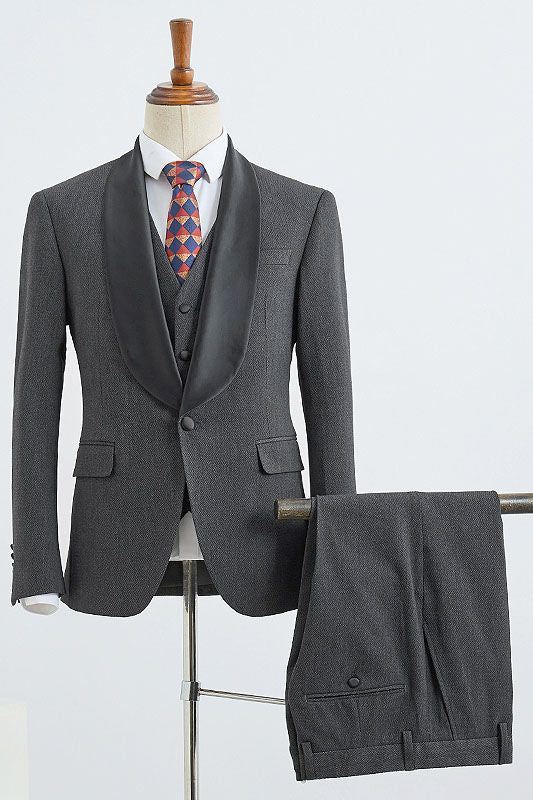 Fashion Dark Gray 3 Piece Satin Shawl Lapel Men Suits