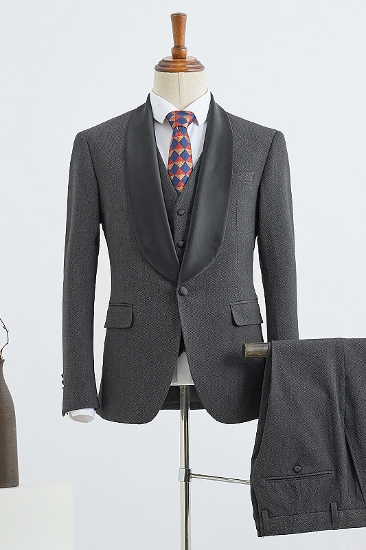 Fashion Dark Gray 3 Piece Satin Shawl Lapel Men Suits