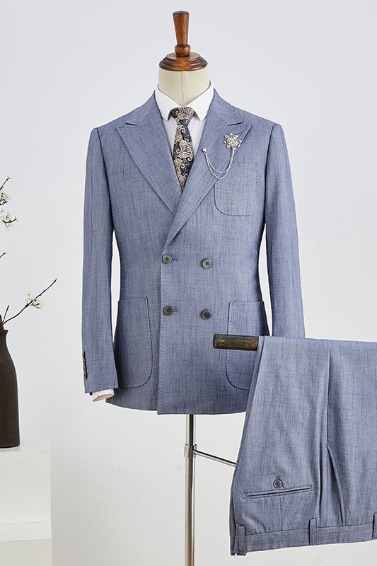 Light Dusty Blue Peaked Lapel Double Breasted Men Suits