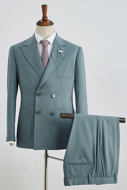 Dusty Teal Peaked Lapel Double Breasted Men Suits