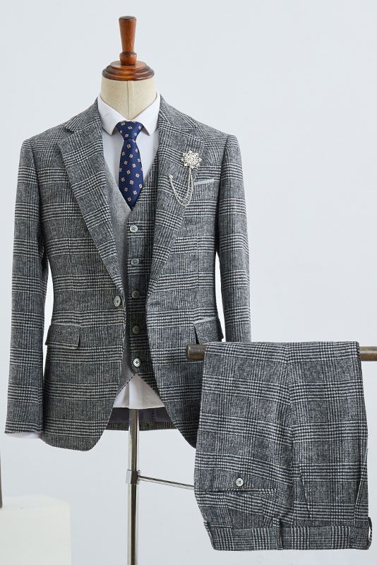 Formal 3 Piece Gray Plaid Notched Lapel Men Suits
