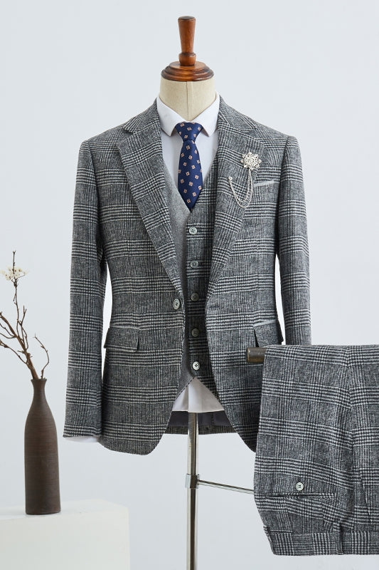 Formal 3 Piece Gray Plaid Notched Lapel Men Suits