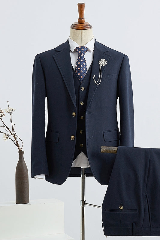 Fancy 3 Piece Navy Notched Lapel Men Suits