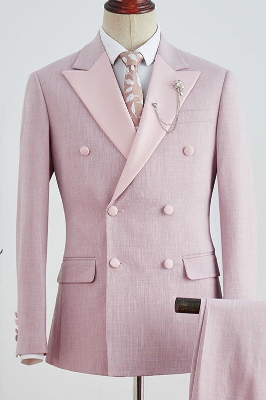 Charming Pink Double Breasted Satin Peaked Lapel Men Suits