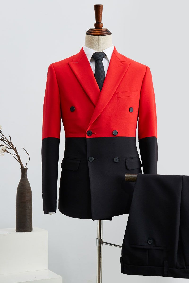 Stylish Red And Black Double Breasted Peaked Lapel Men Suits Main image