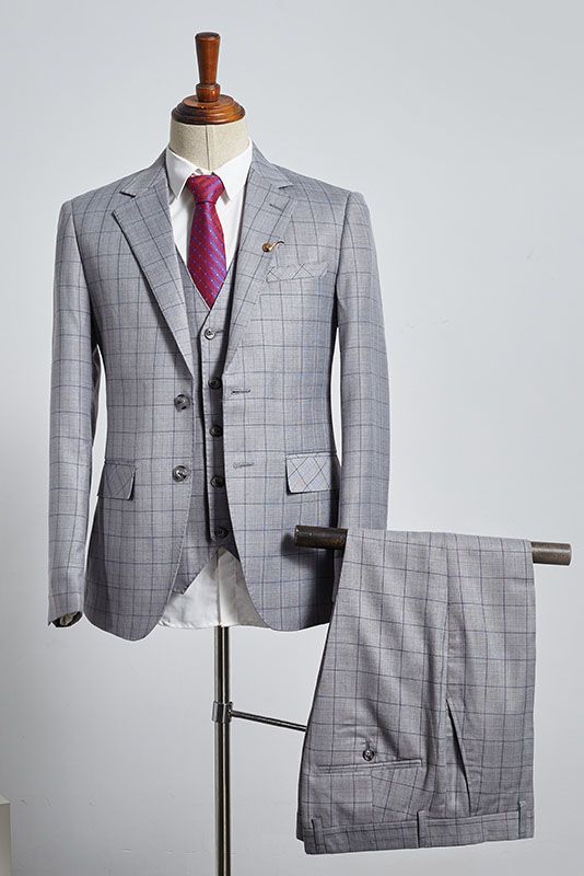 3 Piece Gray Plaid Notched Lapel Best Fitted Men Suits Main image