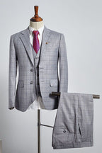 3 Piece Gray Plaid Notched Lapel Best Fitted Men Suits