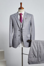 3 Piece Gray Plaid Notched Lapel Best Fitted Men Suits