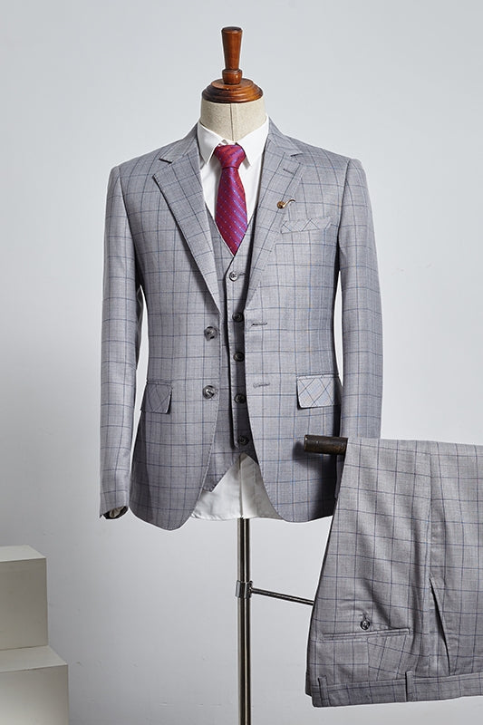 3 Piece Gray Plaid Notched Lapel Best Fitted Men Suits