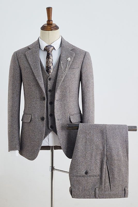3 Piece Herringbone Taupe Brown Notched Lapel Men Suits