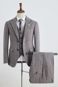 3 Piece Herringbone Taupe Brown Notched Lapel Men Suits