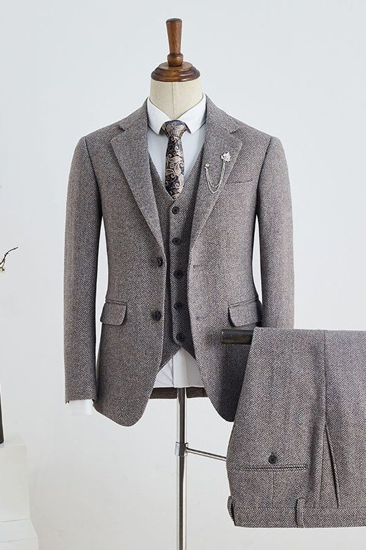 3 Piece Herringbone Taupe Brown Notched Lapel Men Suits