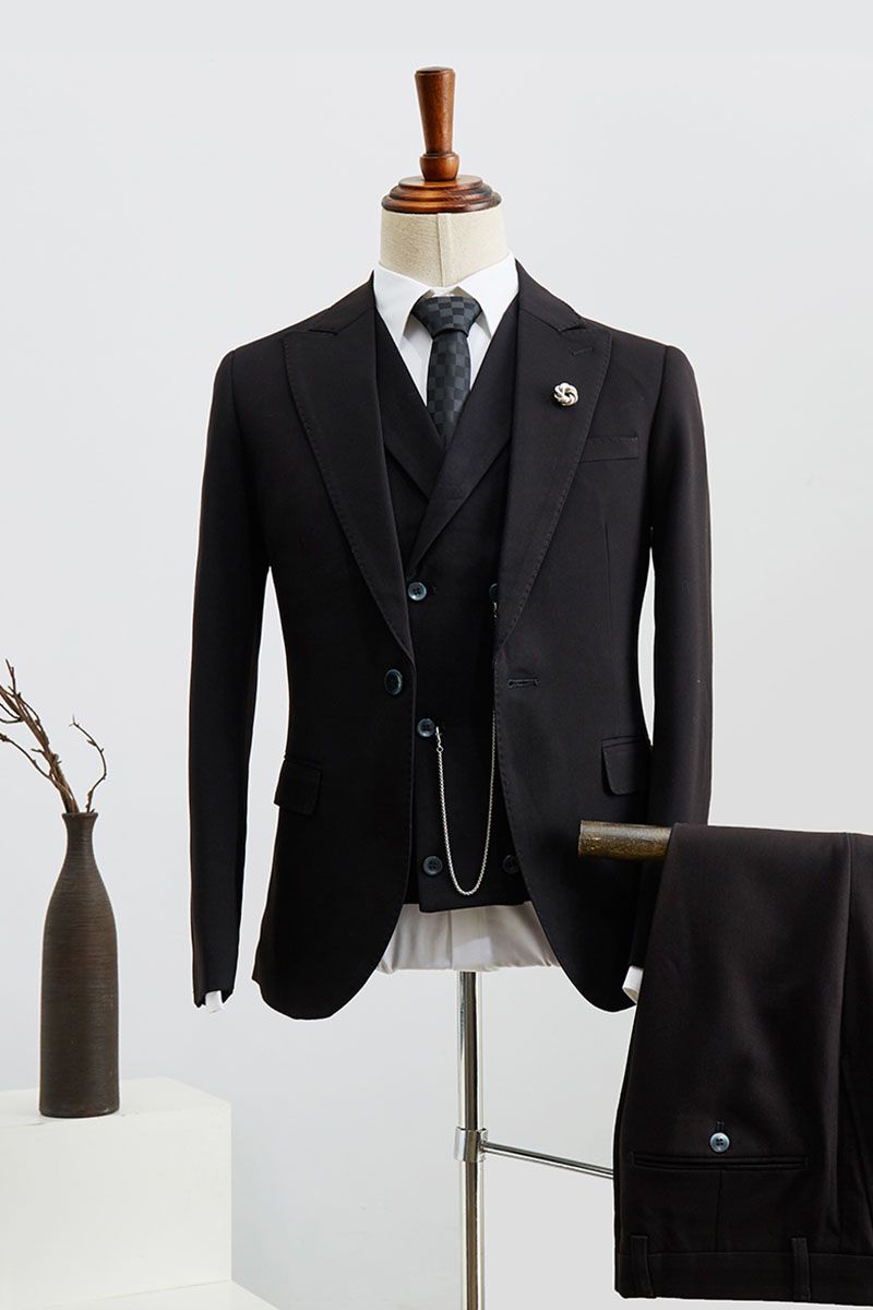 Formal Black Peaked Lapel Fashion Men Suits With Waistcoat