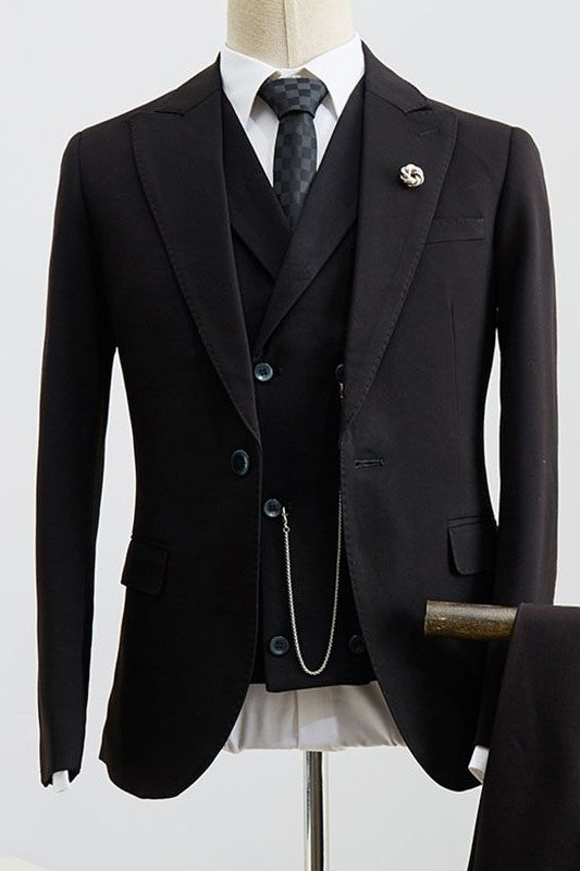 Formal Black Peaked Lapel Fashion Men Suits With Waistcoat