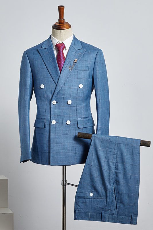 Dark Sky Blue Plaid Double Breasted Peaked Lapel Men Suits Main image