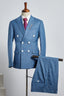 Dark Sky Blue Plaid Double Breasted Peaked Lapel Men Suits