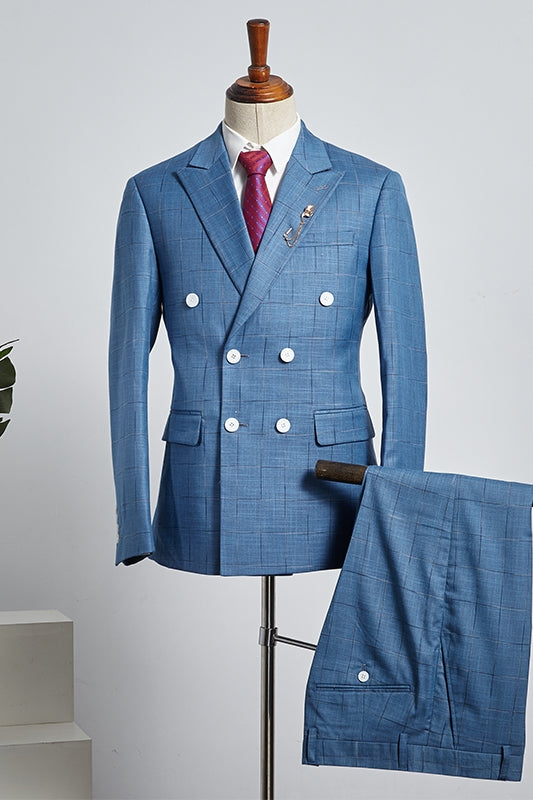 Dark Sky Blue Plaid Double Breasted Peaked Lapel Men Suits