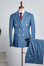 Dark Sky Blue Plaid Double Breasted Peaked Lapel Men Suits
