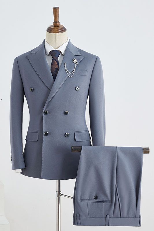 Dusty Blue Gray Double Breasted Peaked Lapel Men Suits
