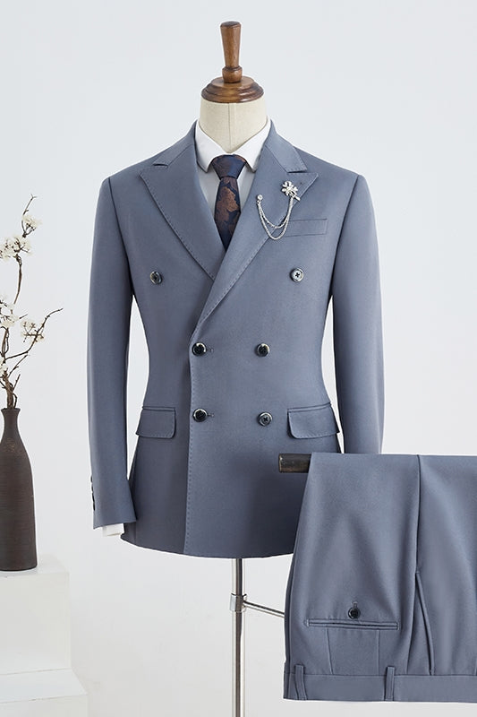 Dusty Blue Gray Double Breasted Peaked Lapel Men Suits Secondary image