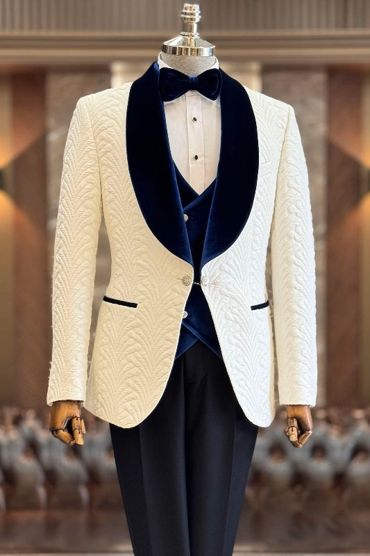 White Jacquard Navy Velvet Shawl Lapel 3 Piece Men Suits