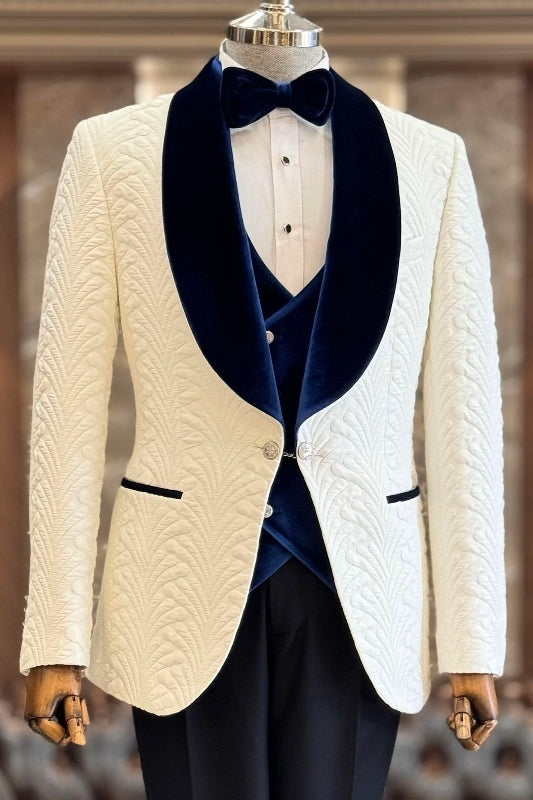 White Jacquard Navy Velvet Shawl Lapel 3 Piece Men Suits Secondary image