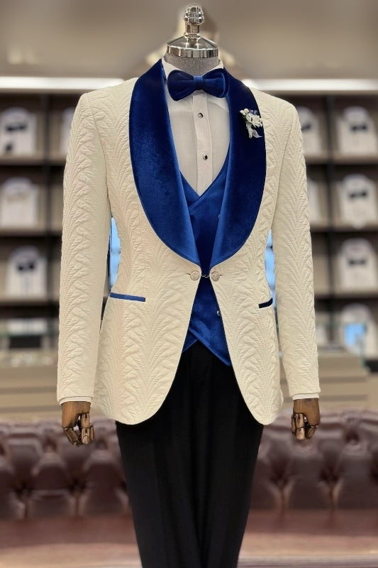 3 Piece White Jacquard Royal Blue Velvet Shawl Lapel Men Suits