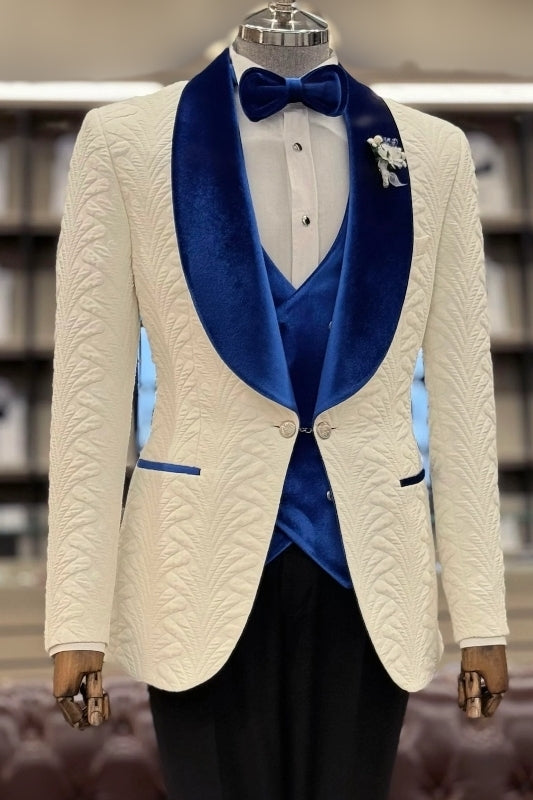 3 Piece White Jacquard Royal Blue Velvet Shawl Lapel Men Suits Secondary image